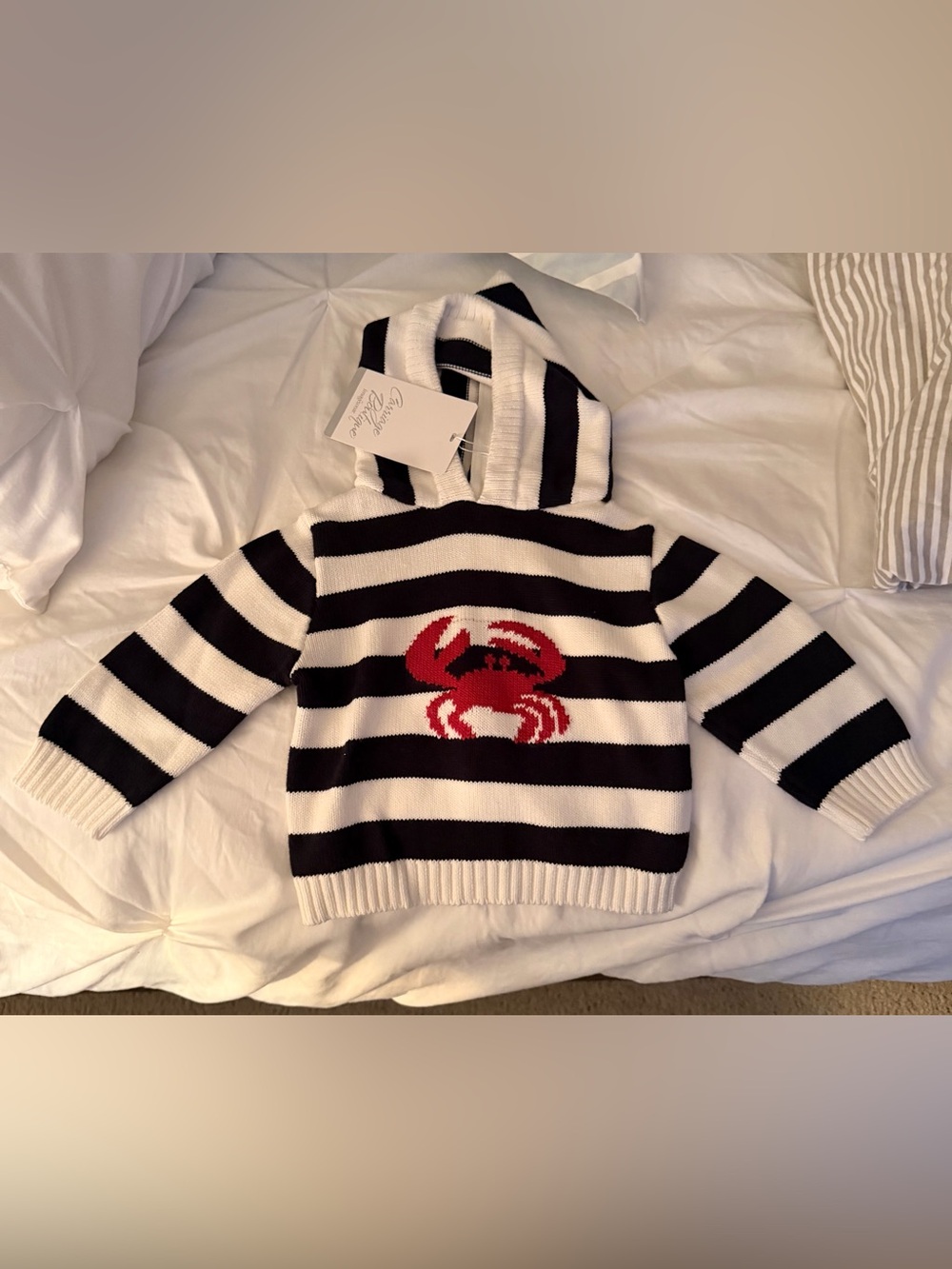 Carriage Boutique Navy & White Striped Hoodie with Red Crab